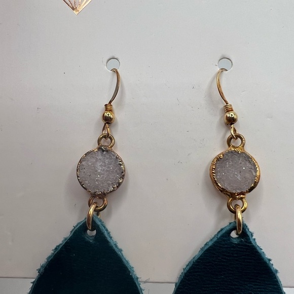 Love , Poppy Teal Green Leather Teardrop with Druzy Stone Earrings NEW - Picture 9 of 13